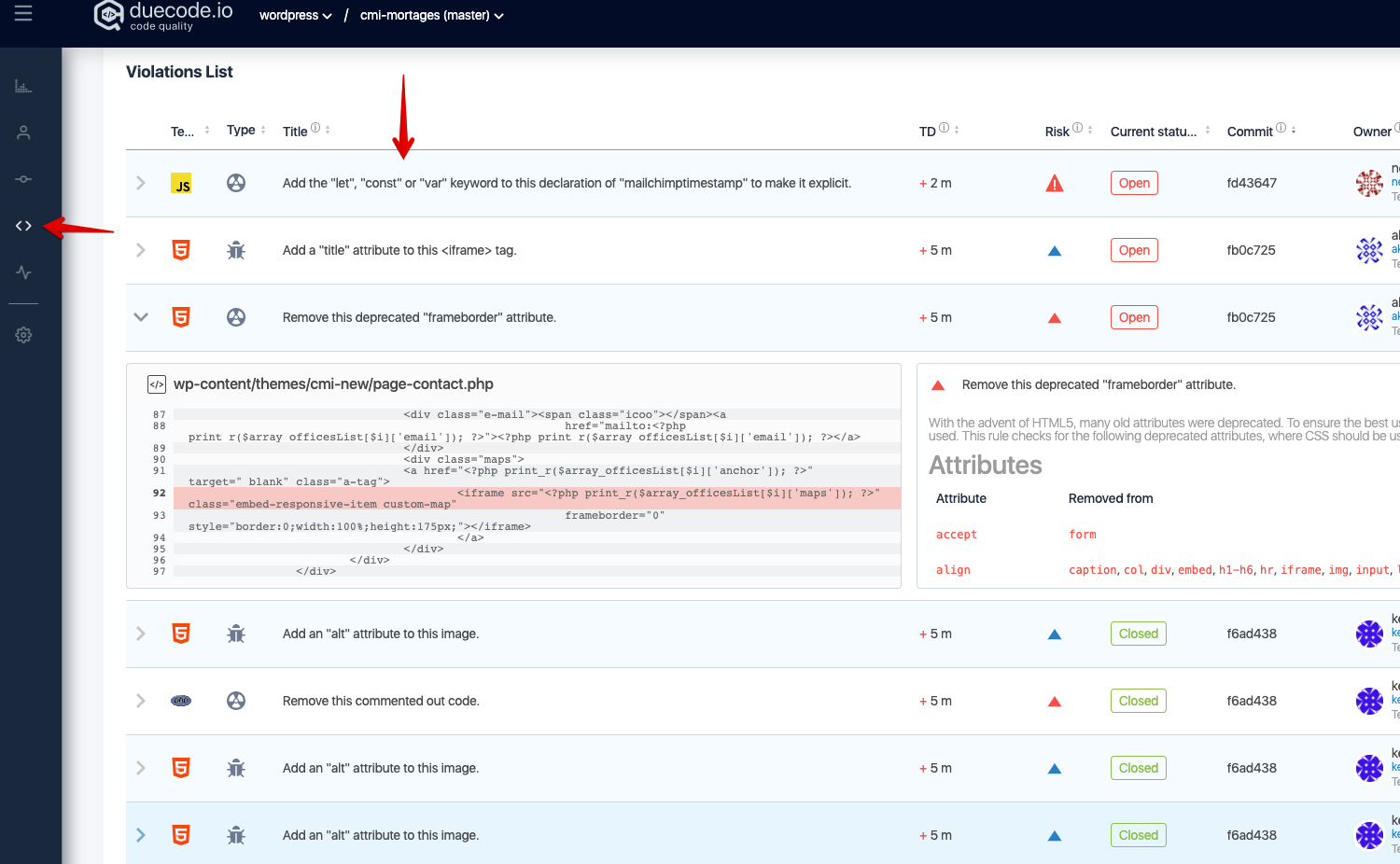 Technical debt violations